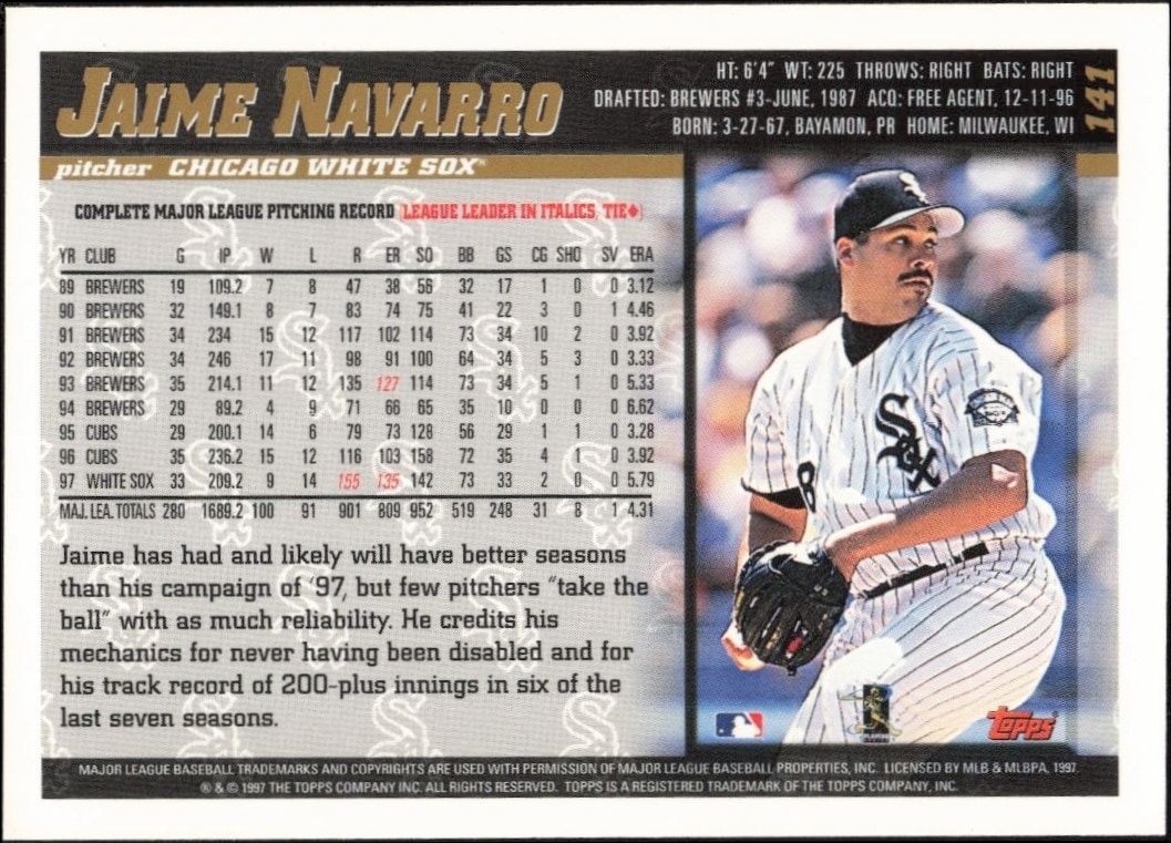 1998 Topps Jaime Navarro #141 baseball trading card back