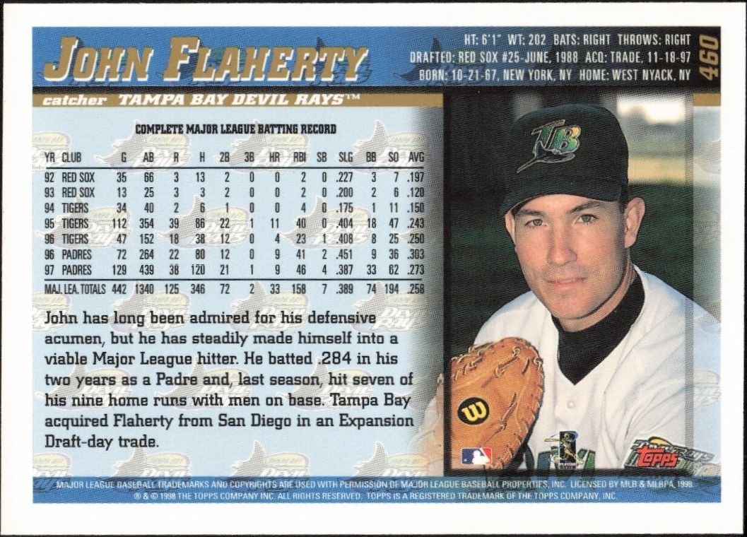 1998 Topps John Flaherty #460 baseball trading card back
