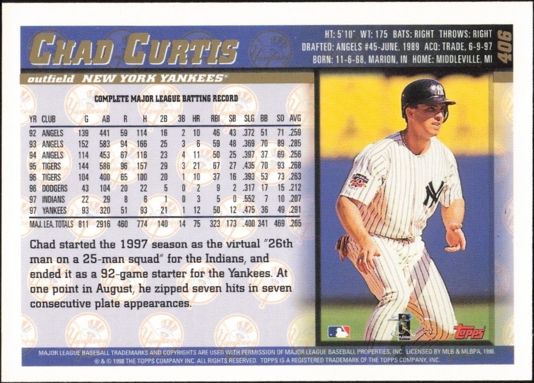 1998 Topps Chad Curtis #406 baseball trading card back