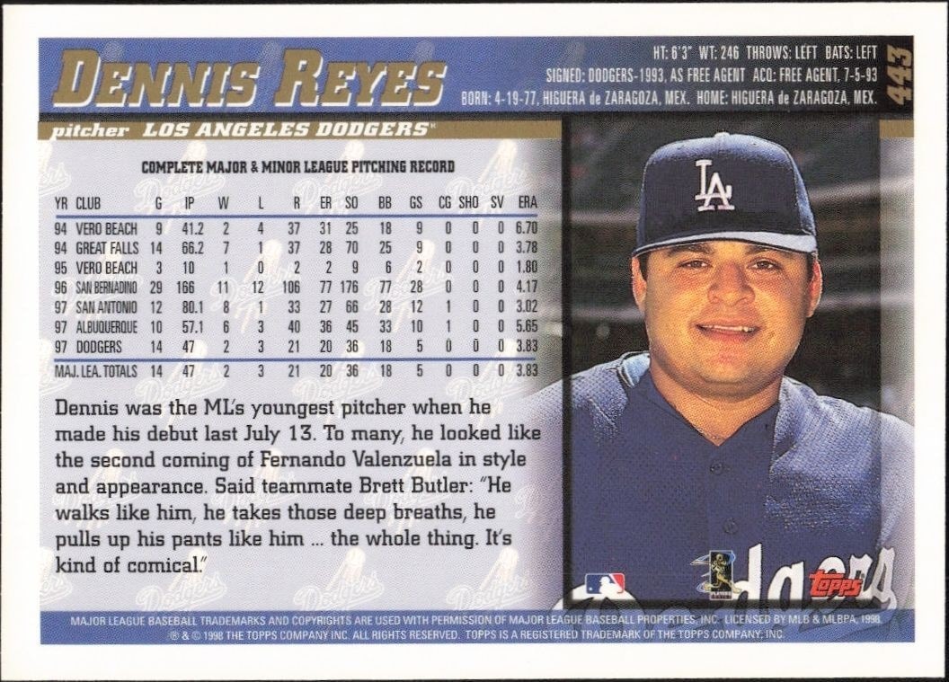 1998 Topps Dennis Reyes #443 baseball trading card back