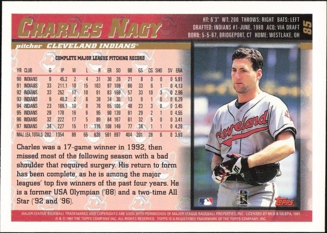 1998 Topps Charles Nagy #85 baseball trading card back