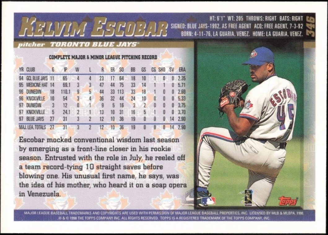 1998 Topps Kelvim Escobar #346 baseball trading card back
