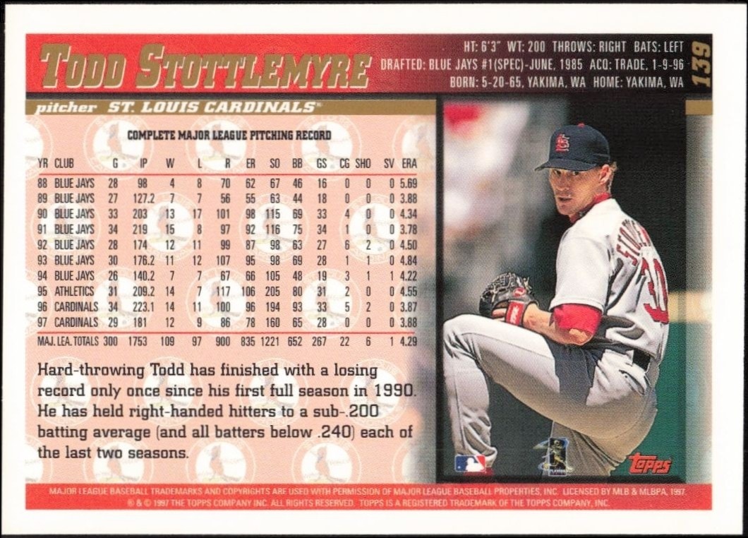 1998 Topps Todd Stottlemyre #139 baseball trading card back