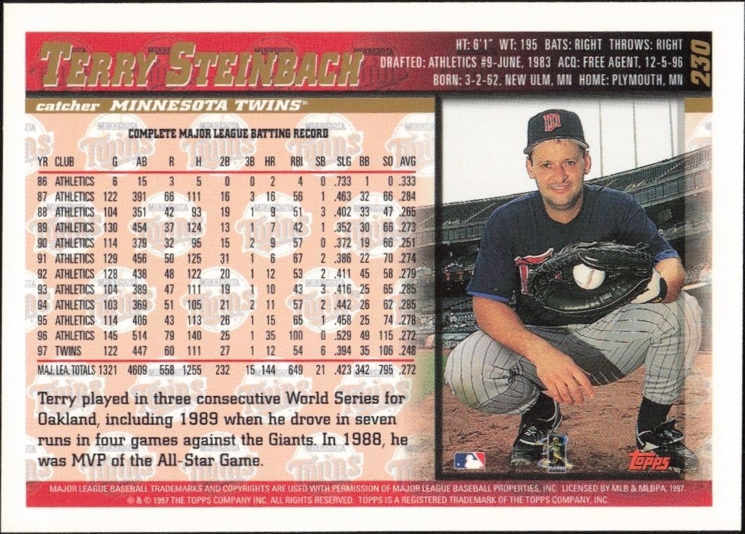 1998 Topps Terry Steinbach #230 baseball trading card back