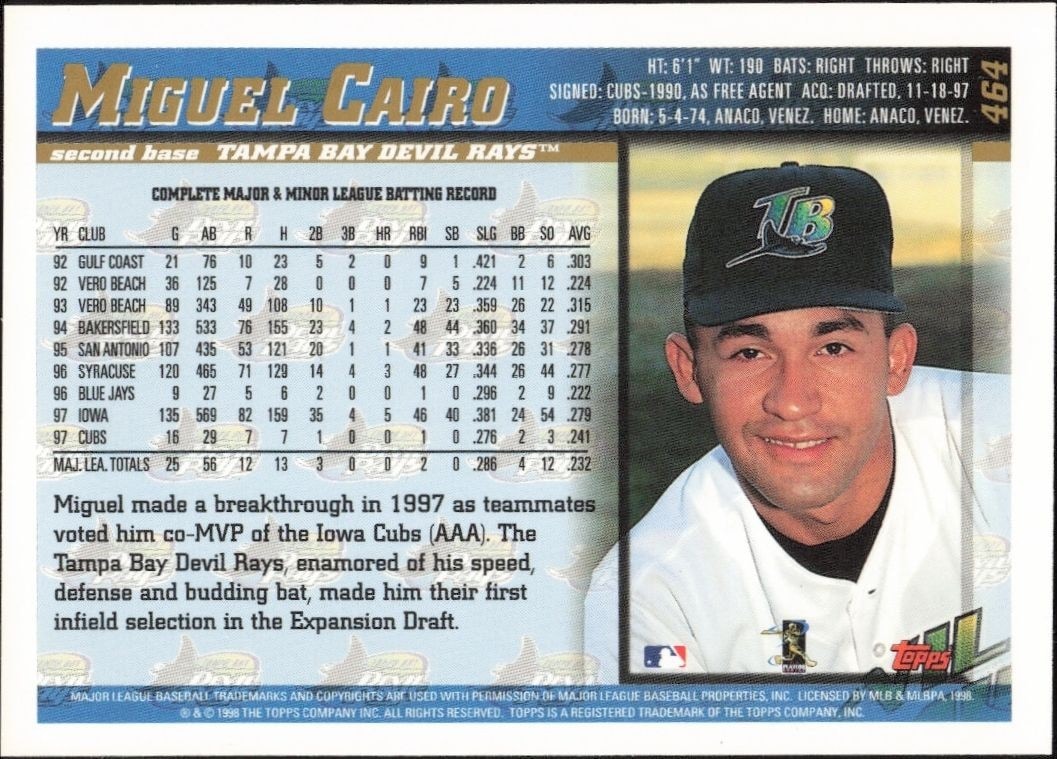 1998 Topps Miguel Cairo #464 baseball trading card back