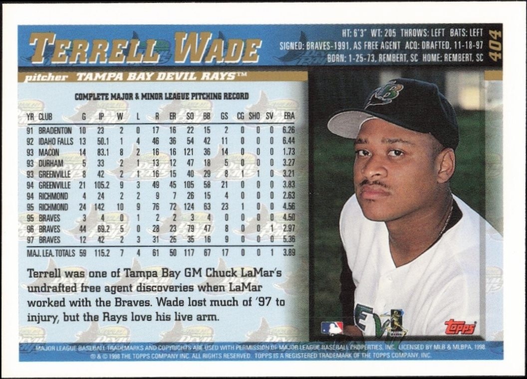 1998 Topps Terrell Wade #404 baseball trading card back