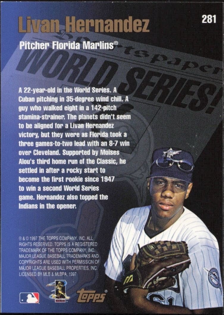 1998 Topps Livan Hernandez #281 baseball trading card back
