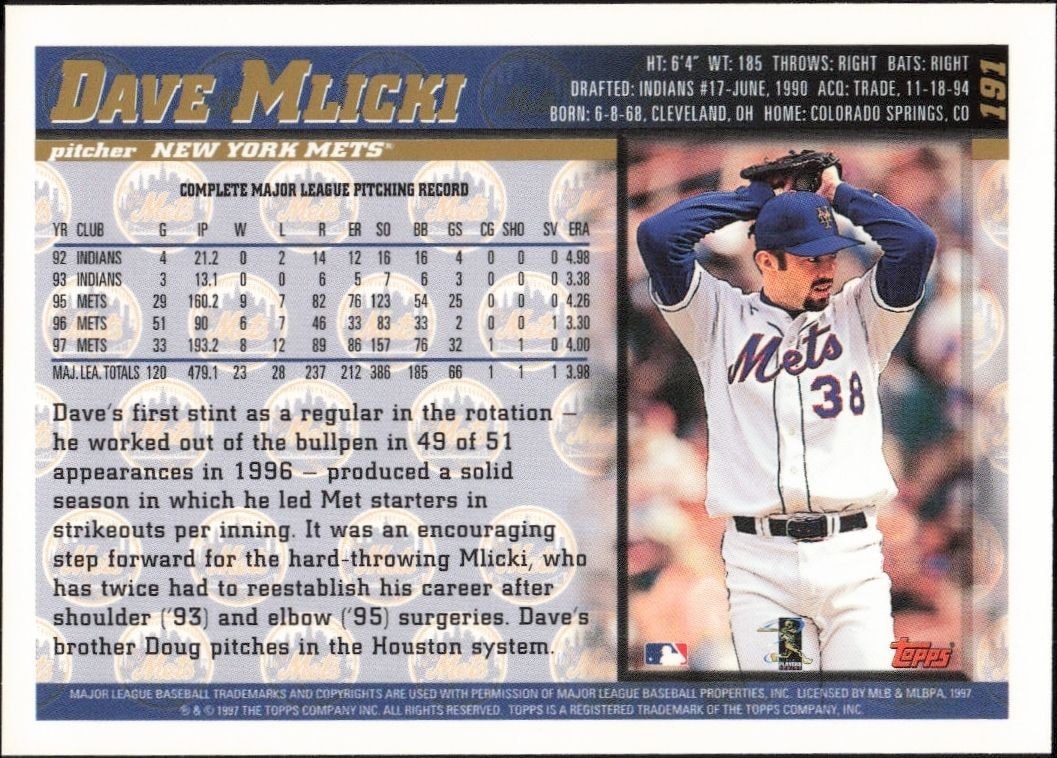 1998 Topps Dave Mlicki #191 baseball trading card back