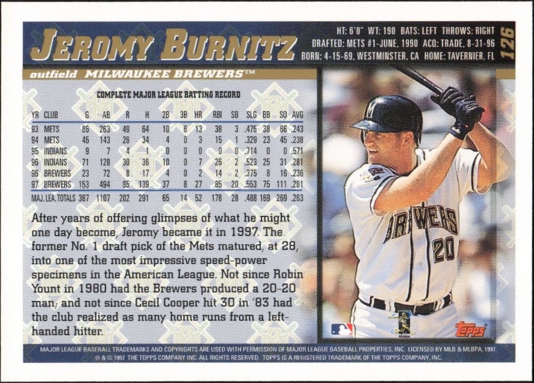 1998 Topps Jeromy Burnitz #126 baseball trading card back