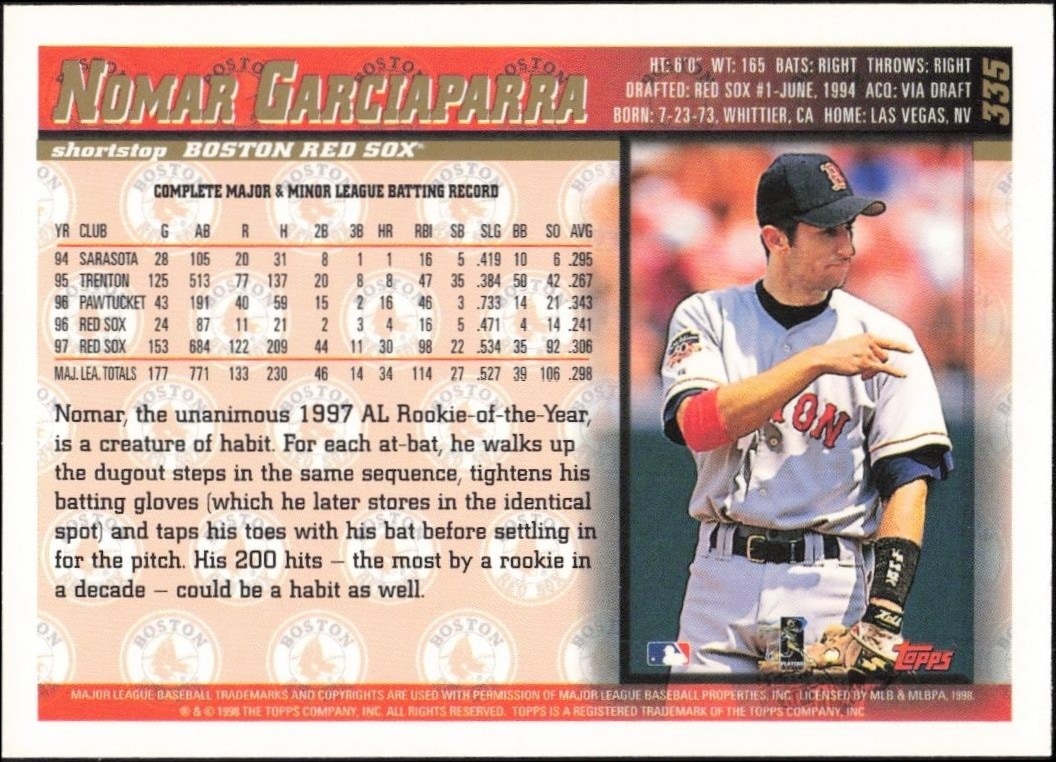 1998 Topps Nomar Garciaparra #335 baseball trading card back