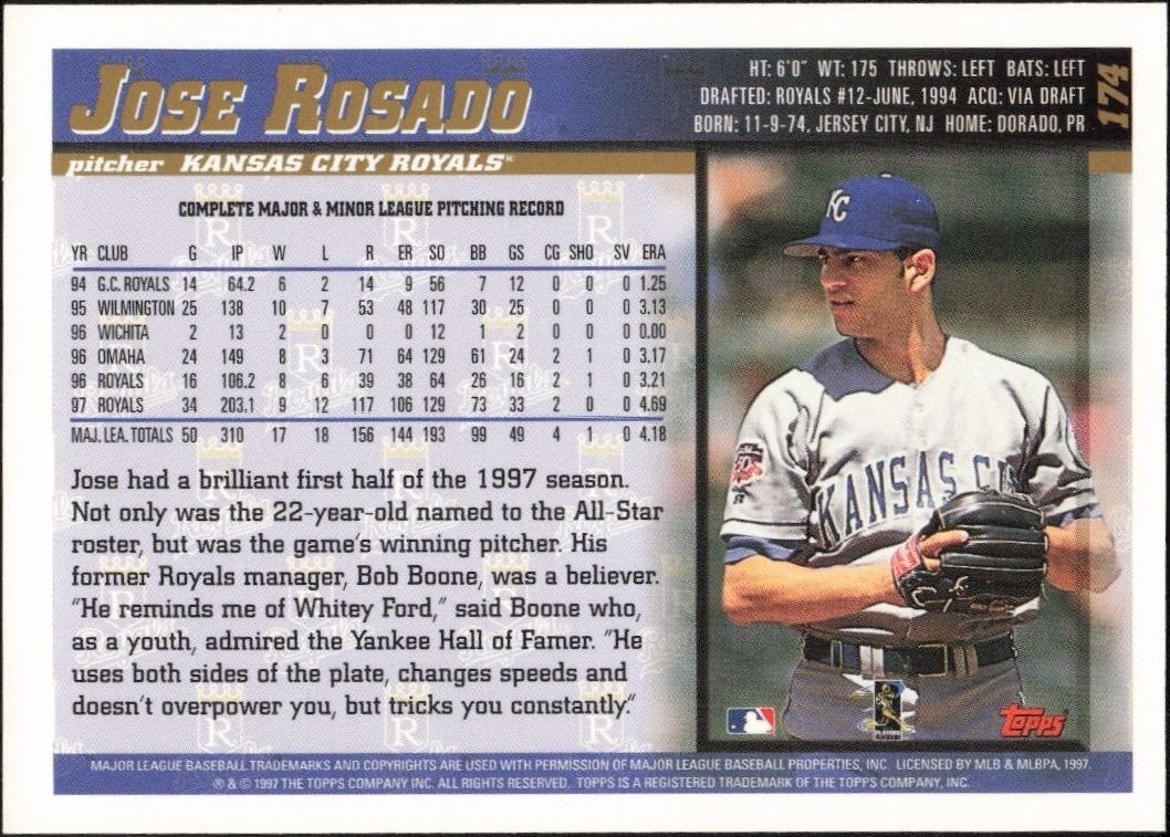 1998 Topps Jose Rosado #174 baseball trading card back
