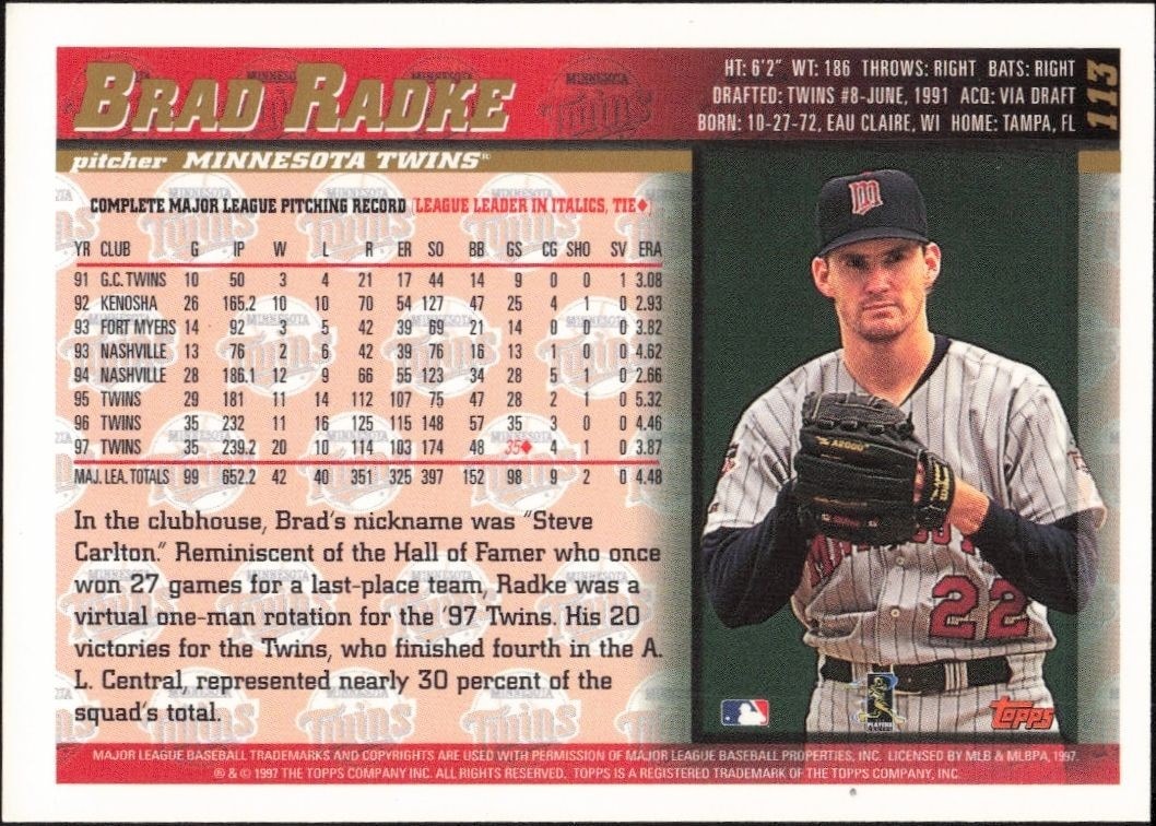 1998 Topps Brad Radke #113 baseball trading card back