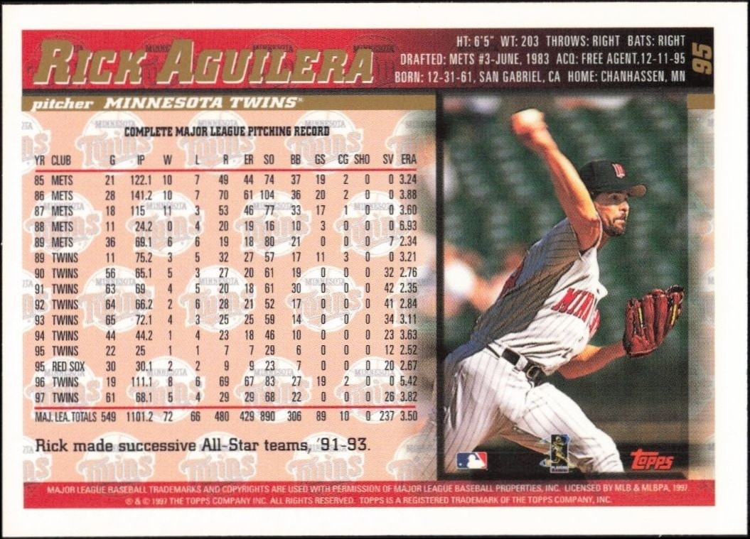 1998 Topps Rick Aguilera #95 baseball trading card back