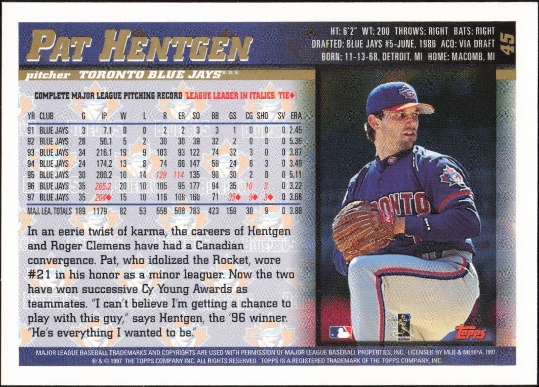 1998 Topps Pat Hentgen #45 baseball trading card back