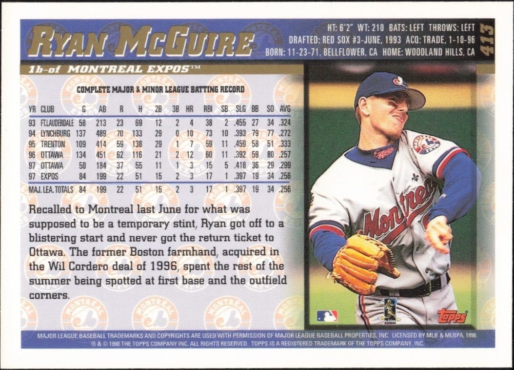 1998 Topps Ryan McGuire #413 baseball trading card back