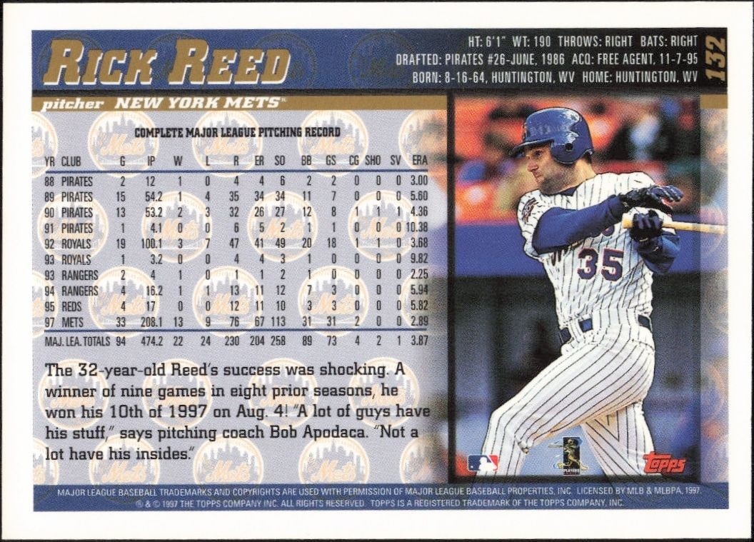 1998 Topps Rick Reed #132 baseball trading card back