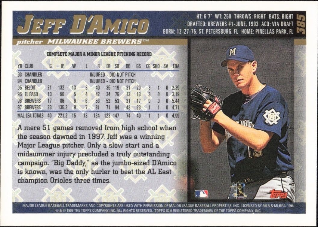 1998 Topps Jeff D'Amico #385 baseball trading card back