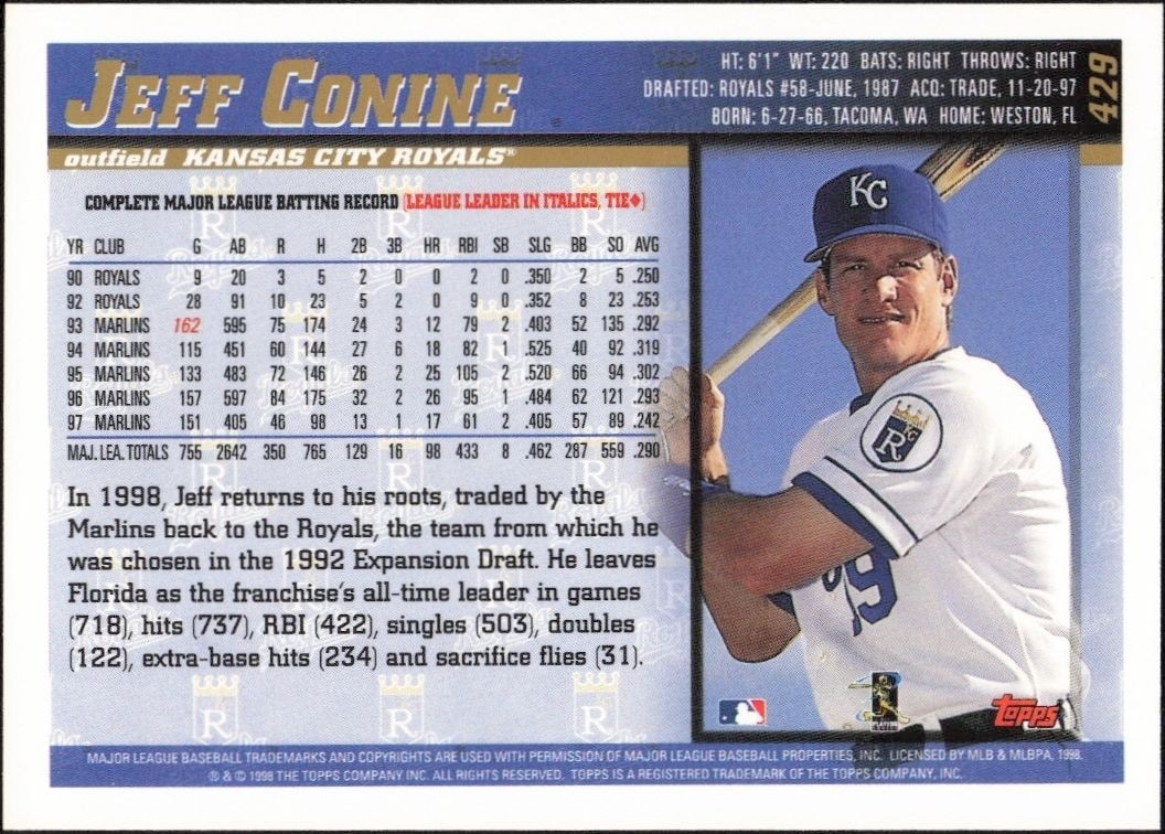 1998 Topps Jeff Conine #429 baseball trading card back