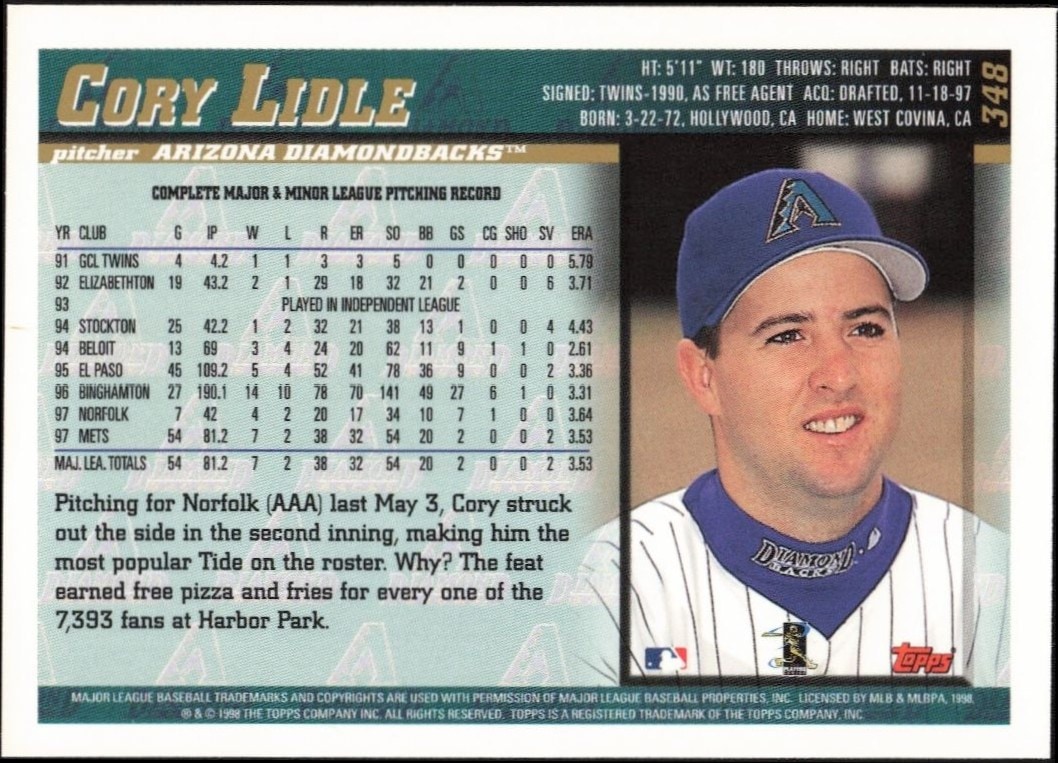 1998 Topps Cory Lidle #348 baseball trading card back