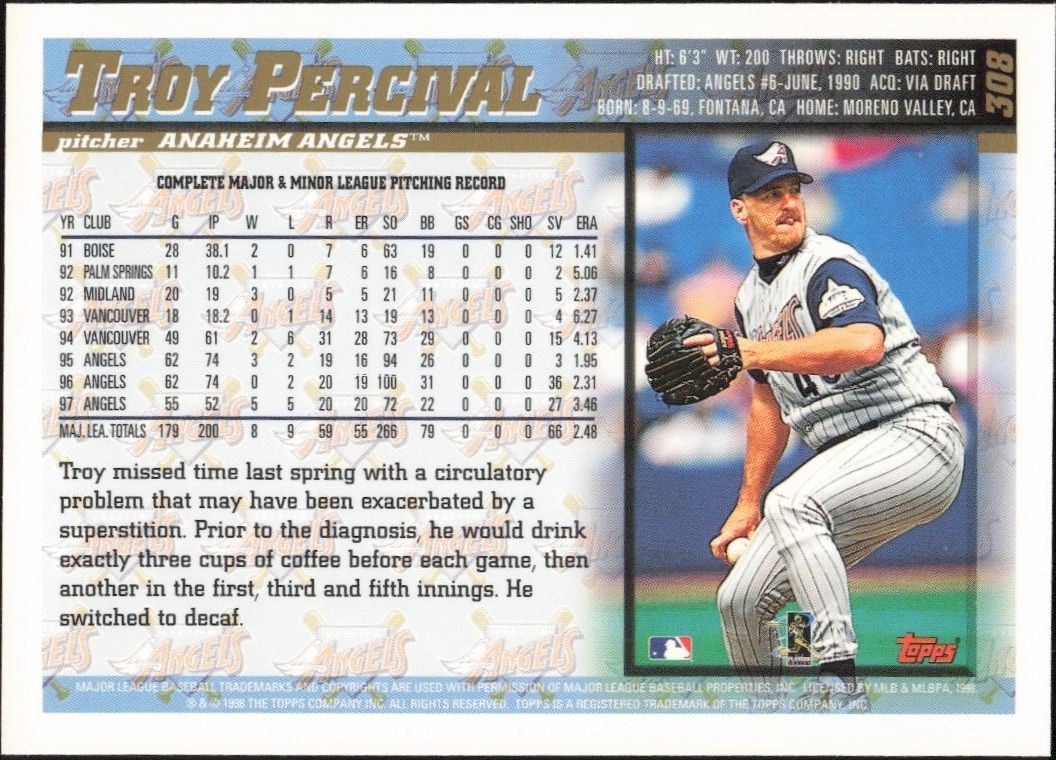 1998 Topps Troy Percival #308 baseball trading card back