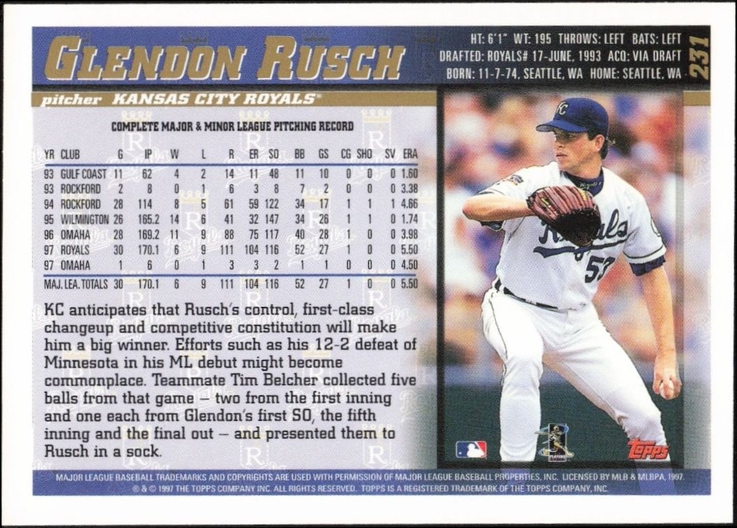 1998 Topps Glendon Rusch #231 baseball trading card back
