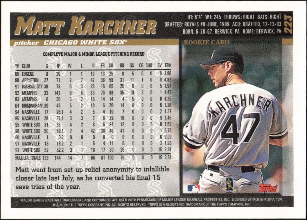 1998 Topps Matt Karchner #223 baseball trading card back