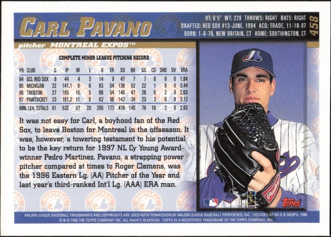 1998 Topps Carl Pavano #458 baseball trading card back