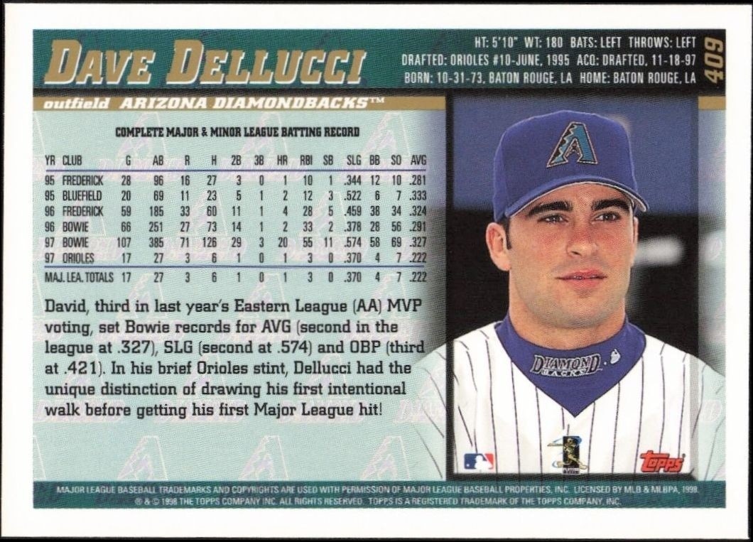 1998 Topps David Dellucci #409 baseball trading card back