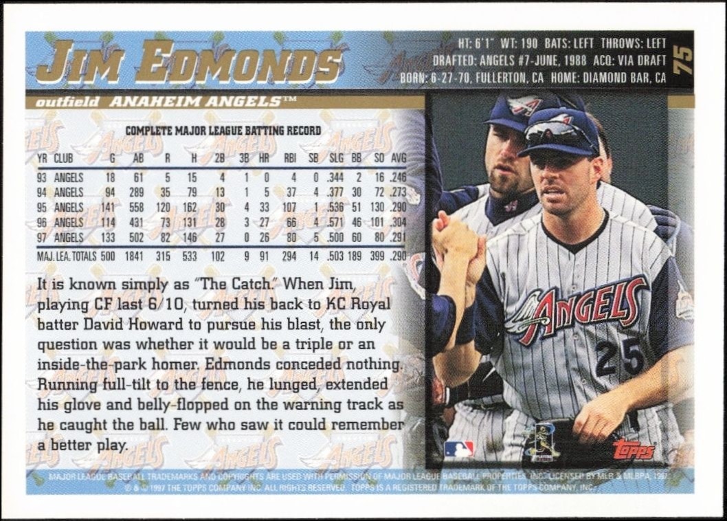 1998 Topps Jim Edmonds #75 baseball trading card back