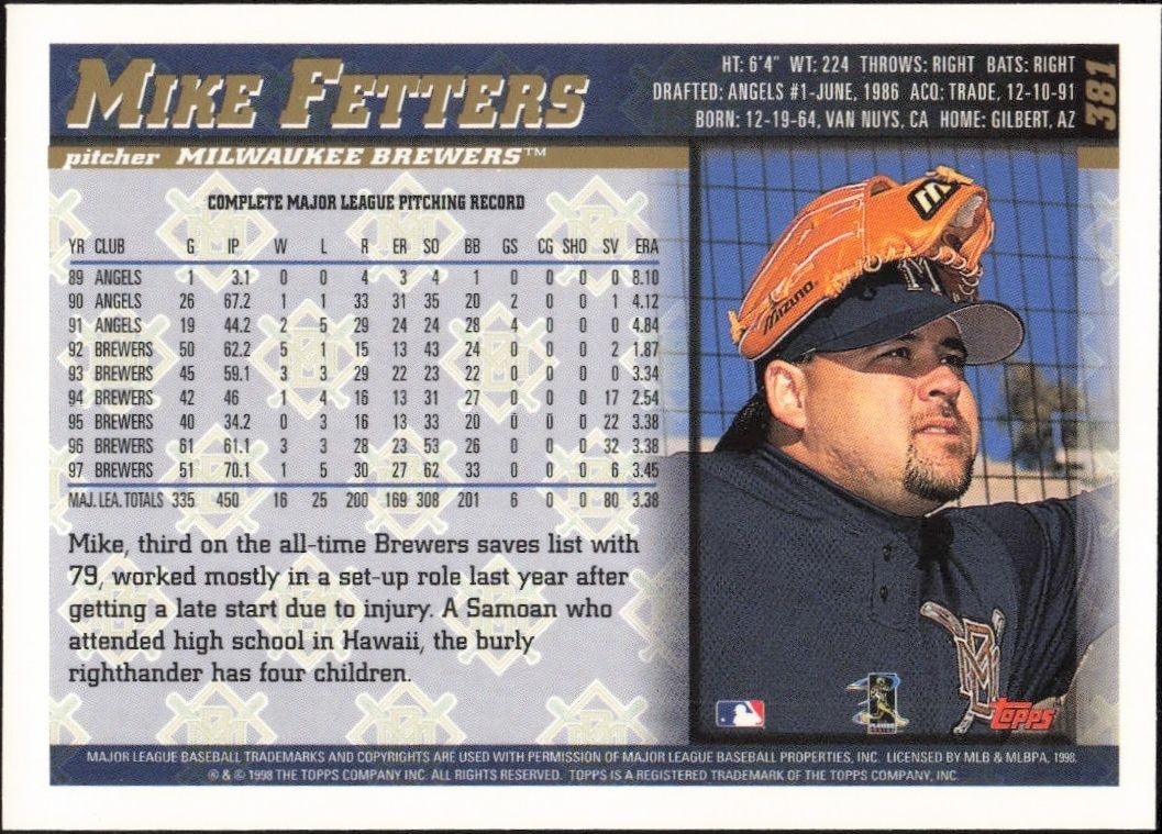 1998 Topps Mike Fetters #381 baseball trading card back