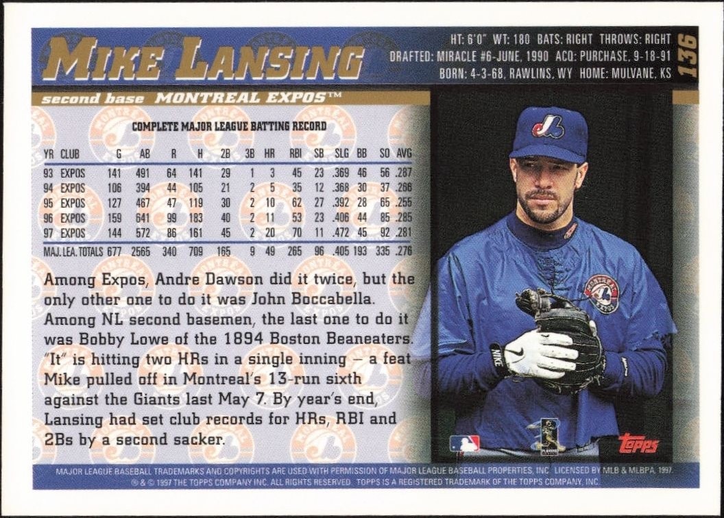 1998 Topps Mike Lansing #136 baseball trading card back