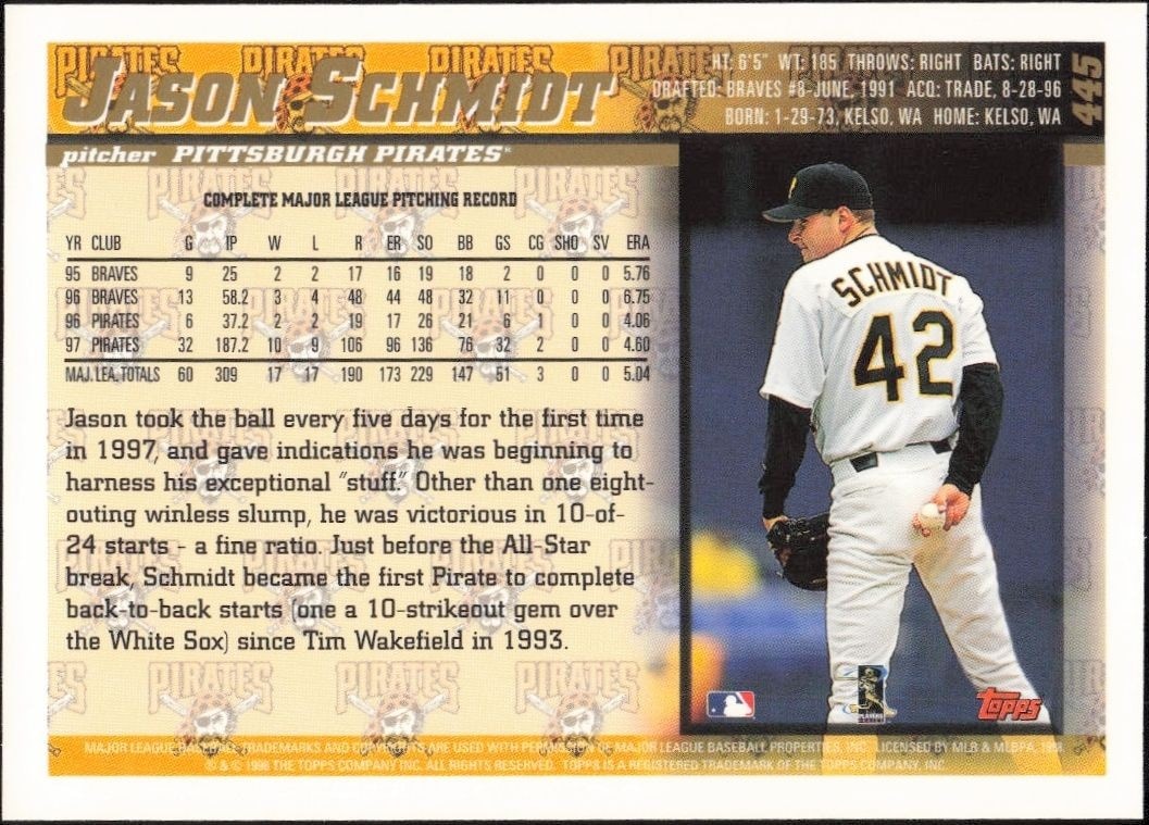 1998 Topps Jason Schmidt #445 baseball trading card back