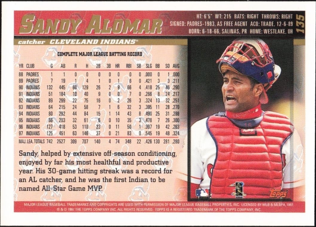 1998 Topps Sandy Alomar, Jr. #135 baseball trading card back
