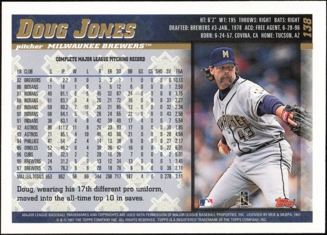 1998 Topps Doug Jones #138 baseball trading card back