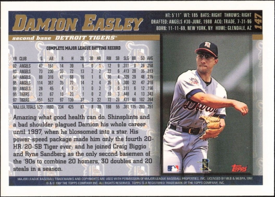 1998 Topps Damion Easley #147 baseball trading card back