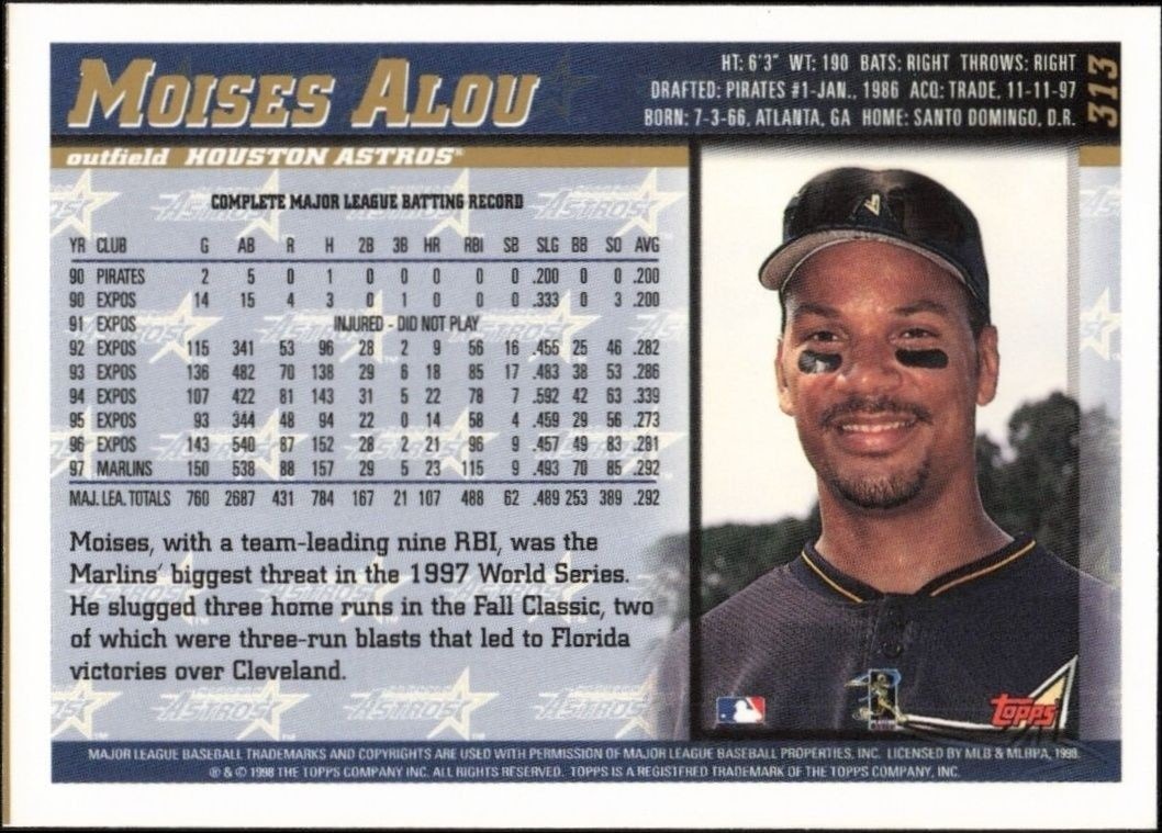 1998 Topps Moises Alou #313 baseball trading card back