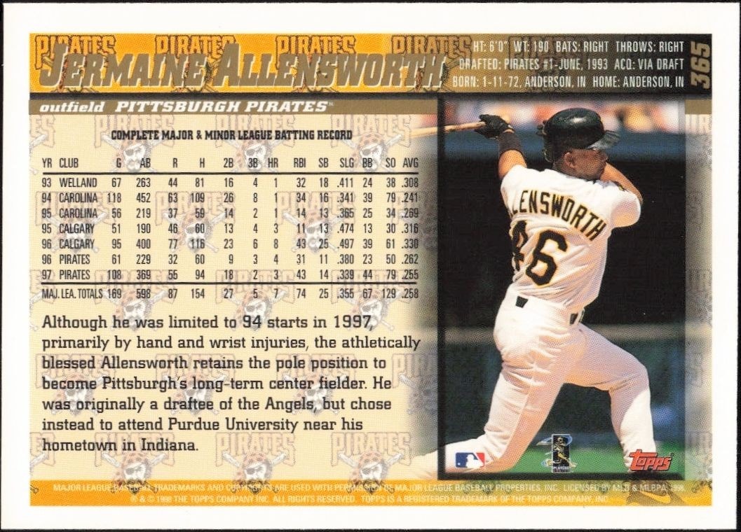 1998 Topps Jermaine Allensworth #365 baseball trading card back