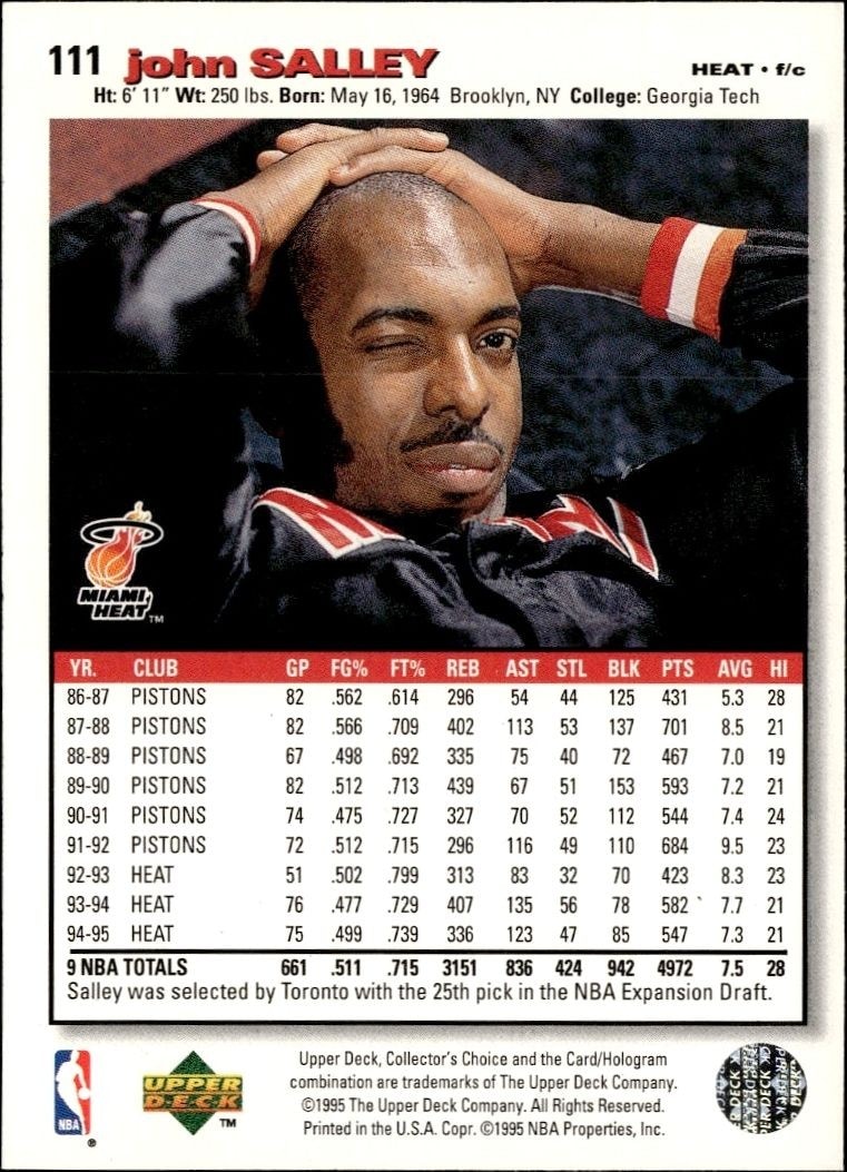 1995-96 Upper Deck Collector's Choice John Salley #111 basketball trading card back