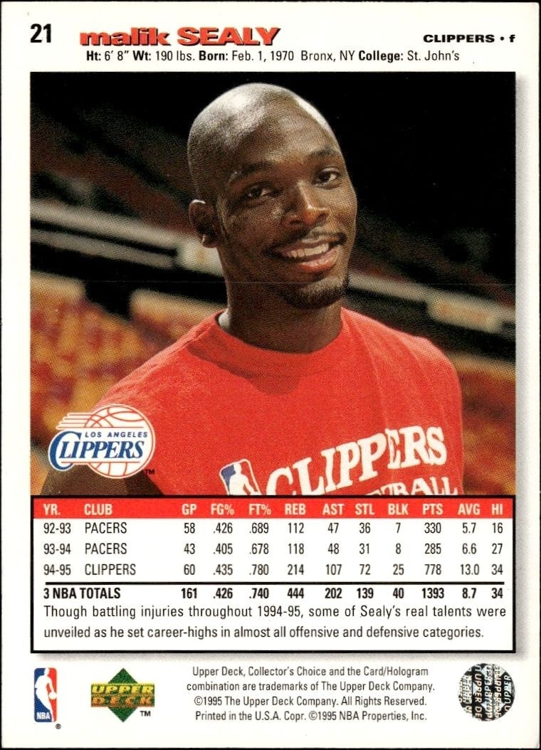 1995-96 Upper Deck Collector's Choice Malik Sealy #21 basketball trading card back