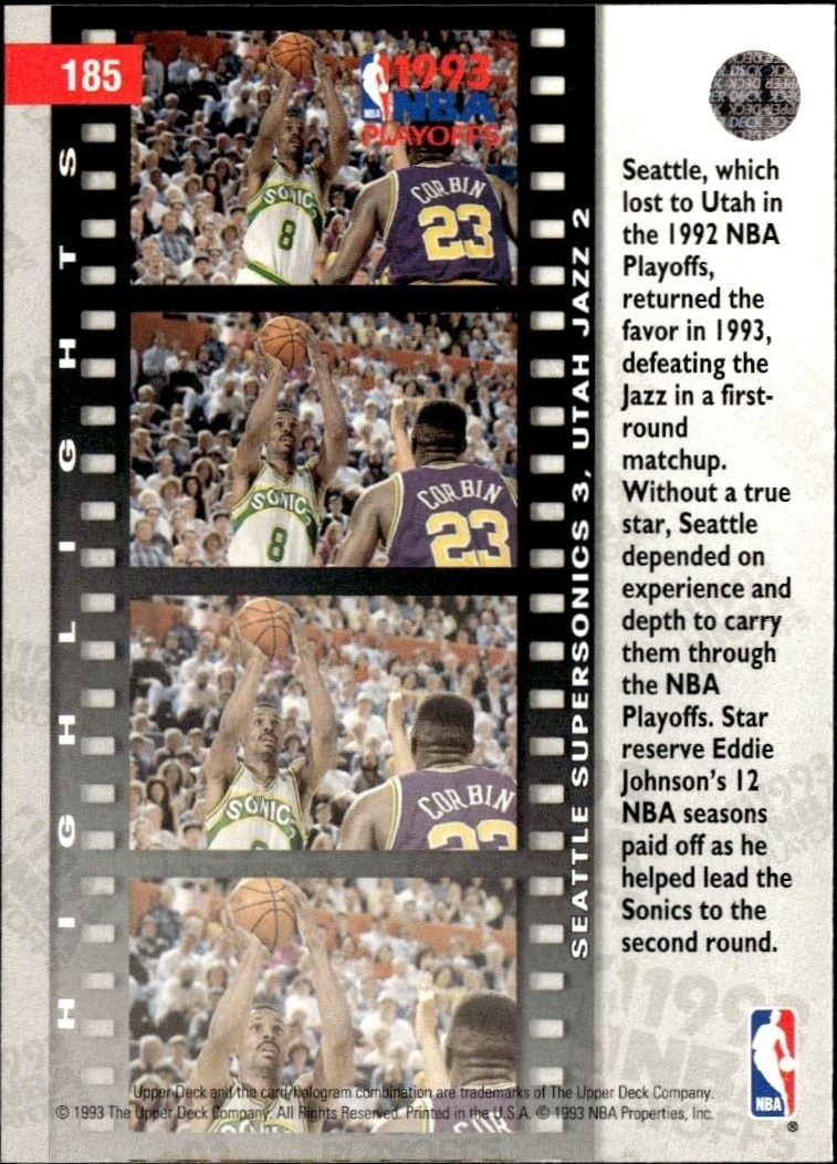 1993-94 Upper Deck Collector's Choice First Round: SuperSonics 3, Jazz 2 #185 basketball trading card back