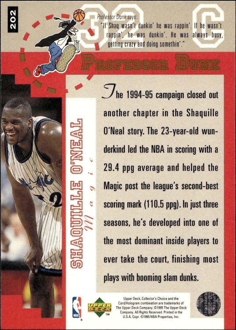1995-96 Upper Deck Collector's Choice Shaquille O'Neal #202 basketball trading card back