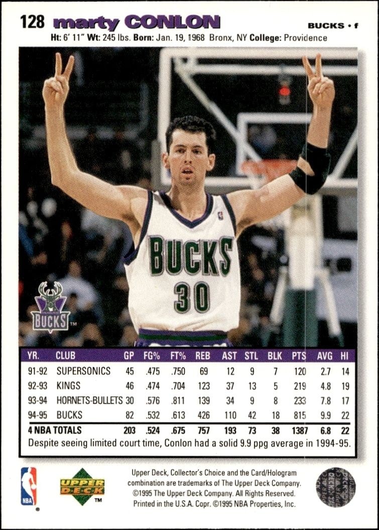 1995-96 Upper Deck Collector's Choice Marty Conlon #128 basketball trading card back