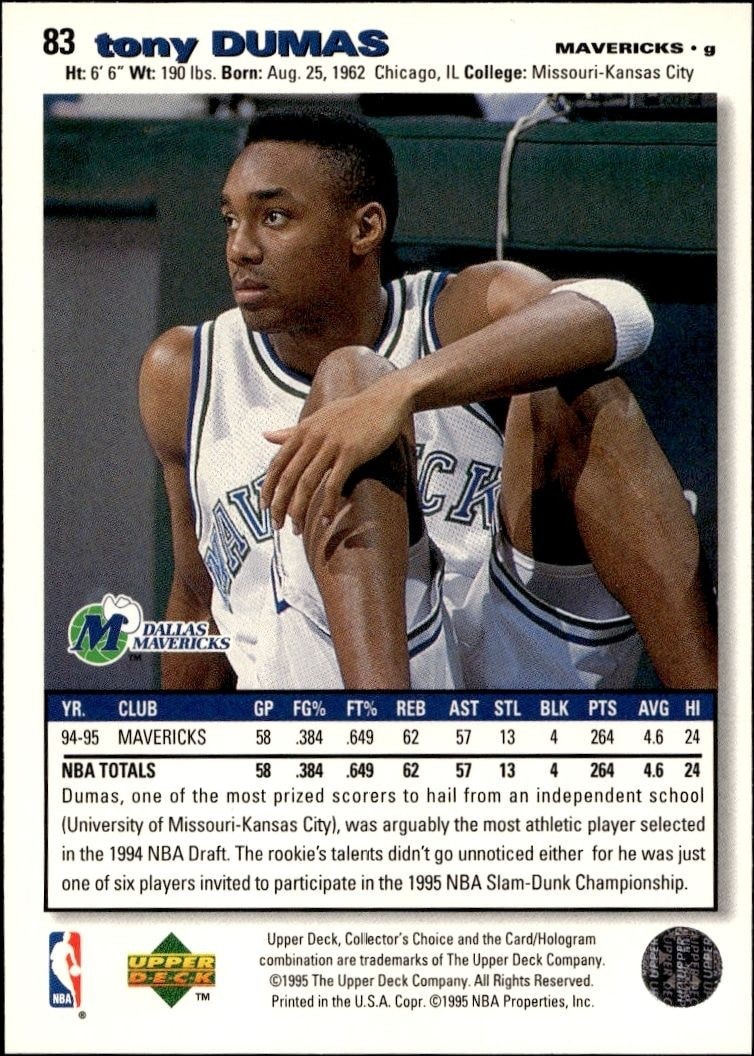 1995-96 Upper Deck Collector's Choice Tony Dumas #83 basketball trading card back