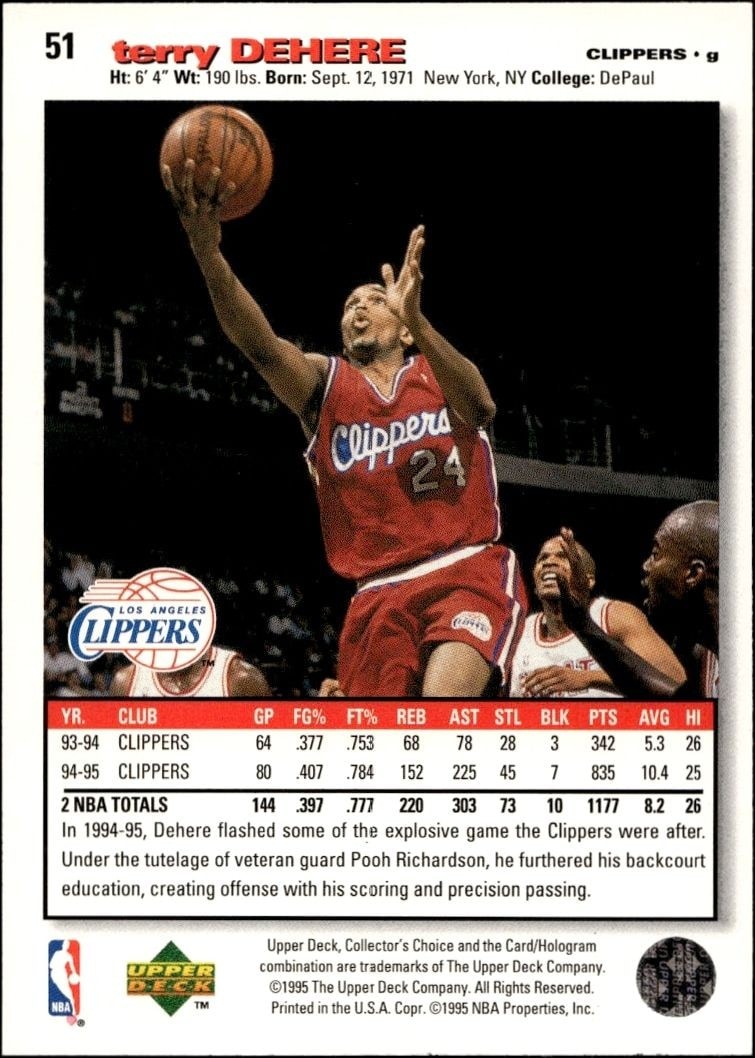 1995-96 Upper Deck Collector's Choice Terry Dehere #51 basketball trading card back
