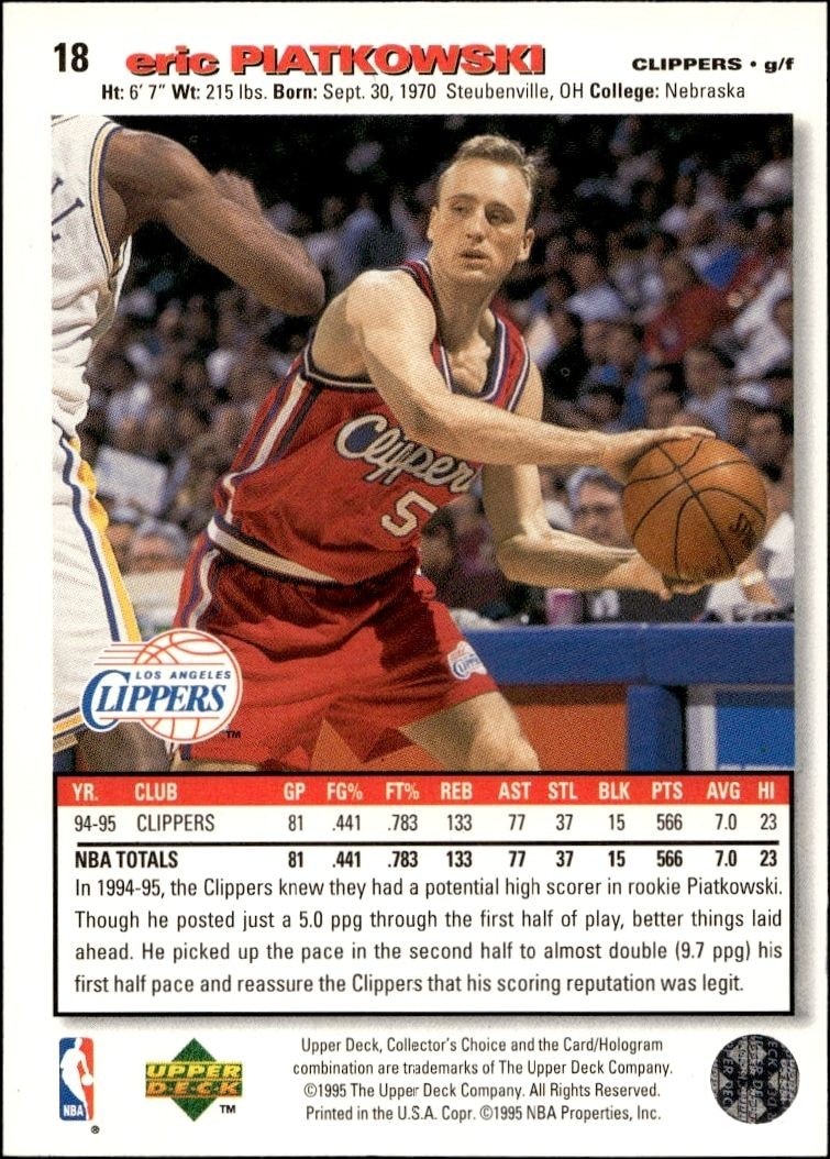 1995-96 Upper Deck Collector's Choice Eric Piatkowski #18 basketball trading card back