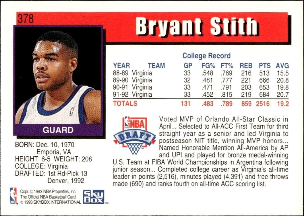 1992-93 Skybox NBA Hoops Series 2 Bryant Stith #378 basketball trading card back