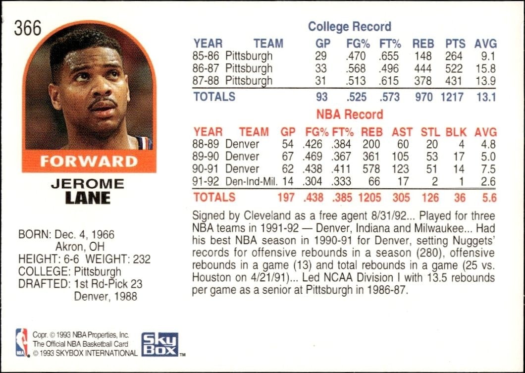 1992-93 Skybox NBA Hoops Series 2 Jerome Lane #366 basketball trading card back