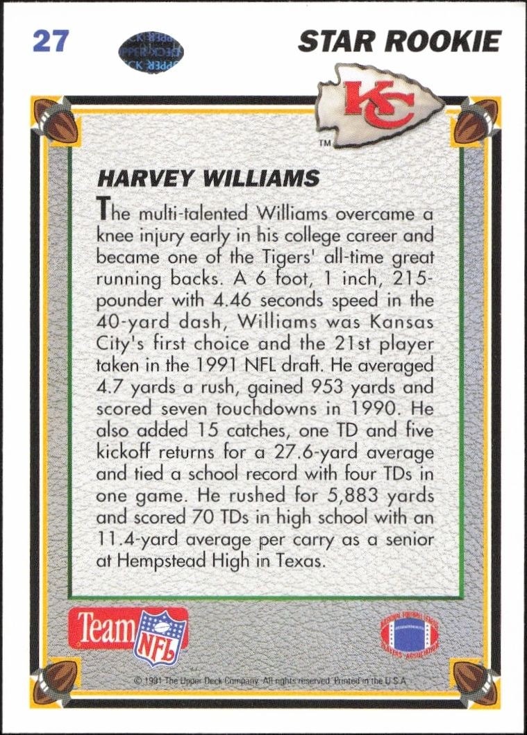1991 Upper Deck Harvey Williams #27 football trading card back