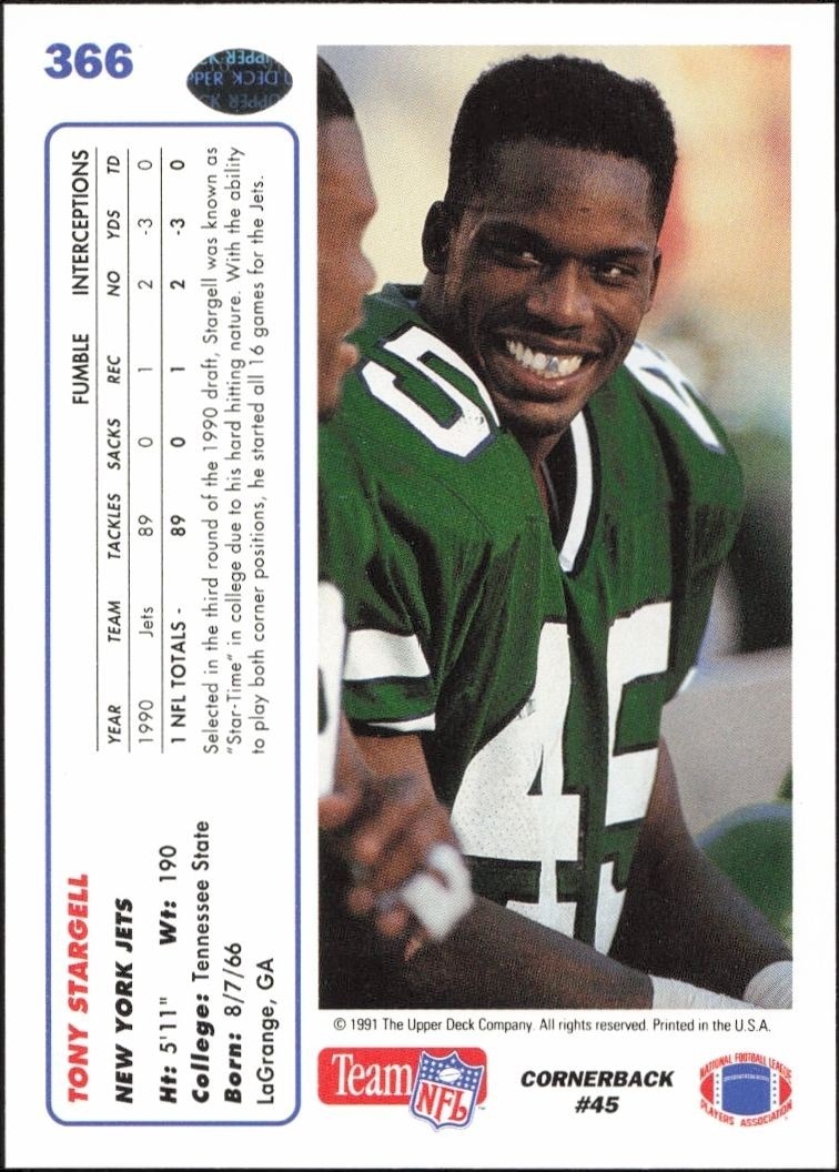 1991 Upper Deck Tony Stargell #366 football trading card back
