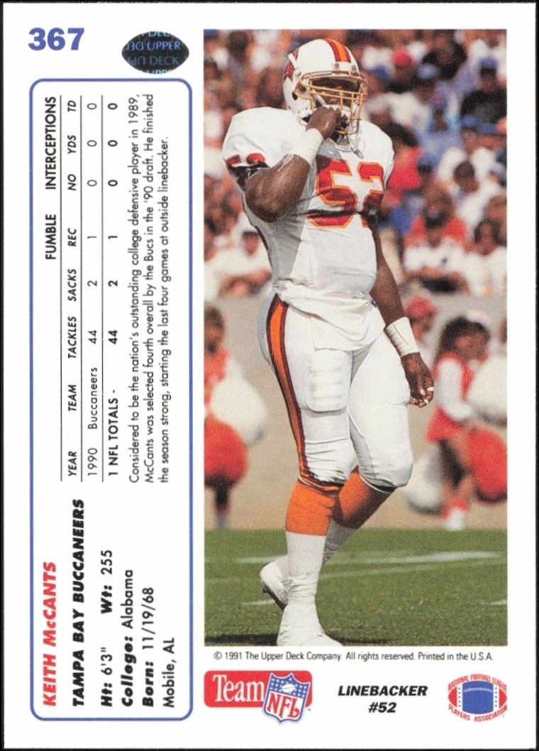 1991 Upper Deck Keith McCants #367 football trading card back